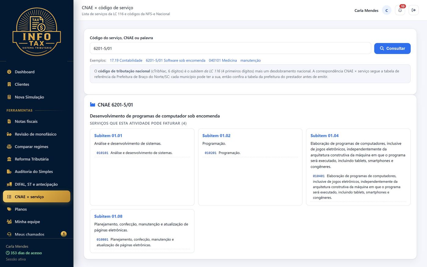 Consulta de CNAE por código de serviço