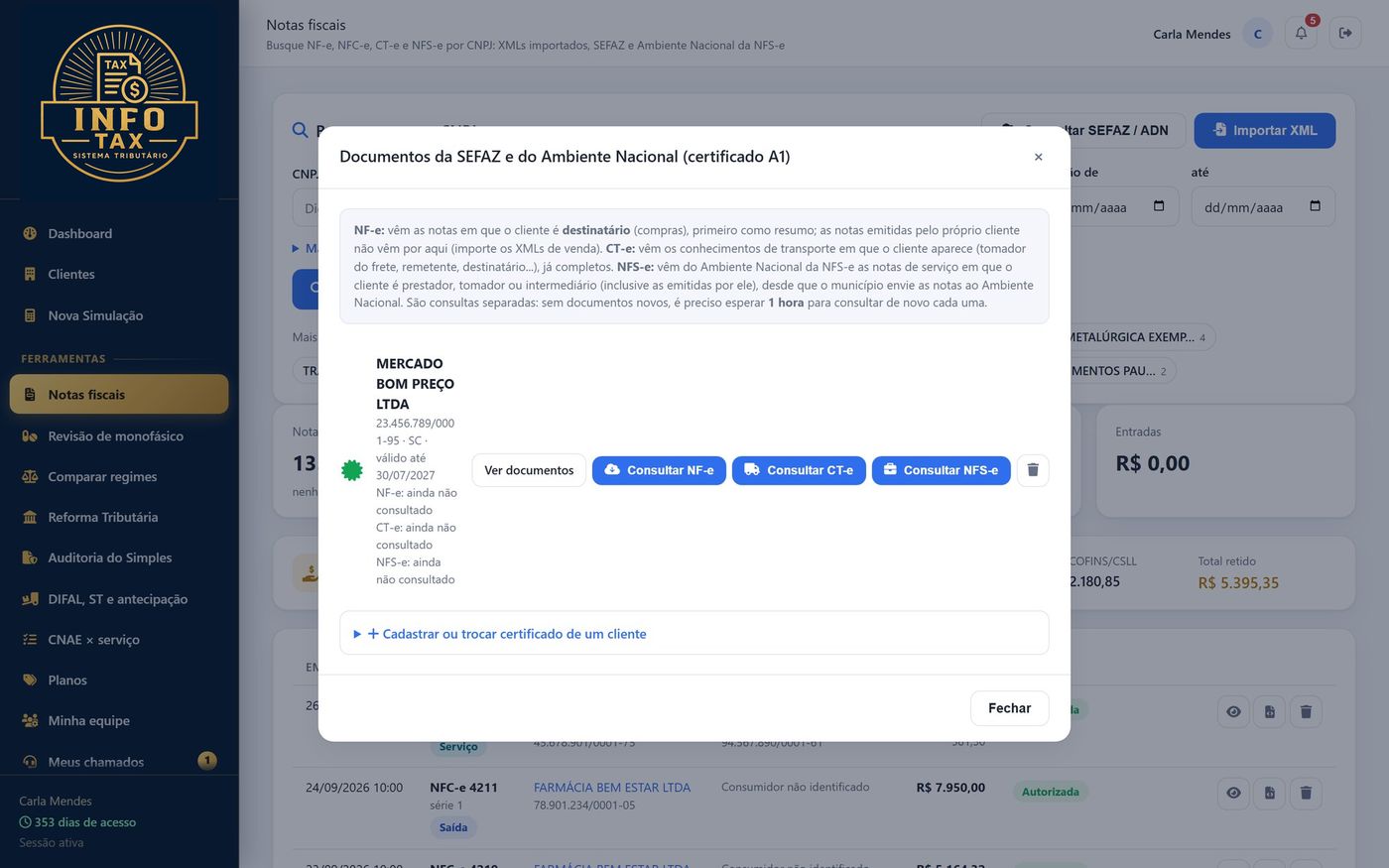 Tela de notas fiscais com download da SEFAZ