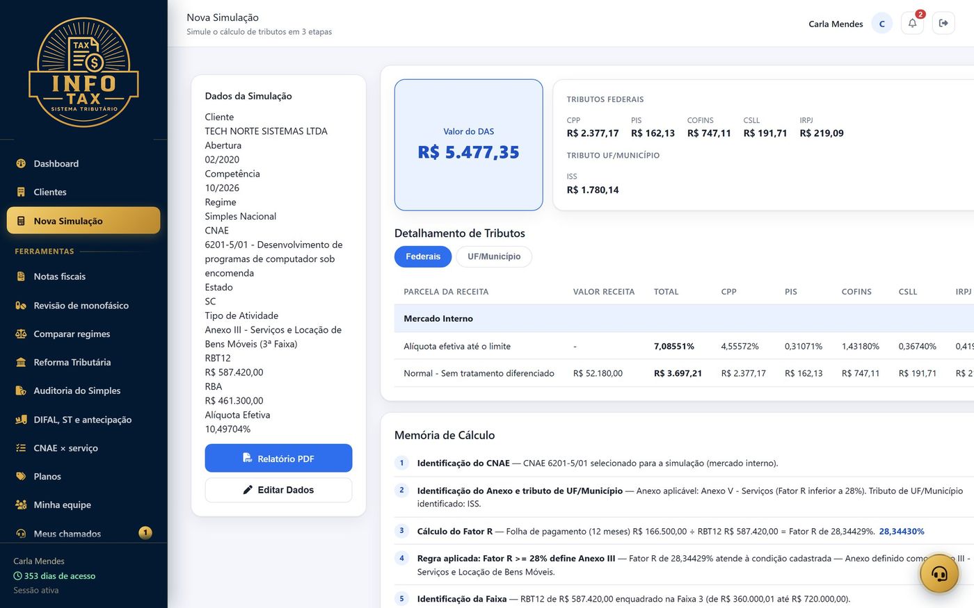 Tela de resultado da simulação do Simples Nacional